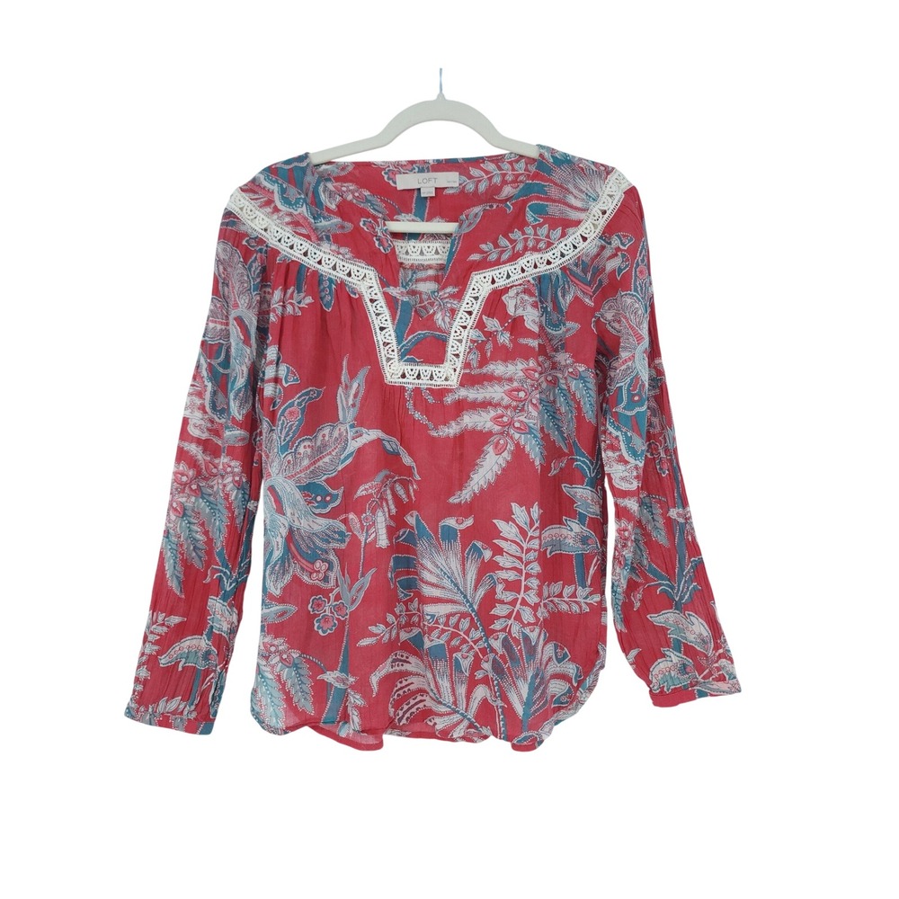 LOFT Blouse Women XSP Red Tropical Lace Trim Boho Coastal Peasant Resortwear Top